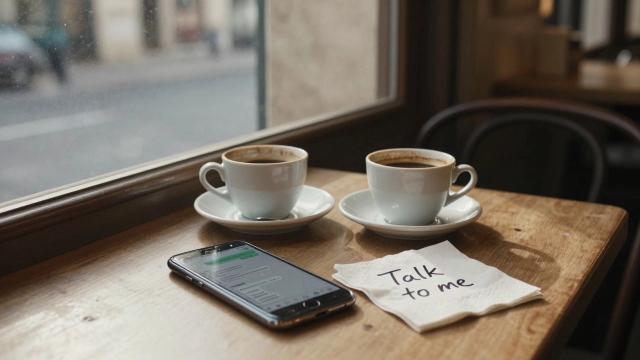 An empty café at dawn with two untouched coffee cups and a cracked phone displaying deleted messages.