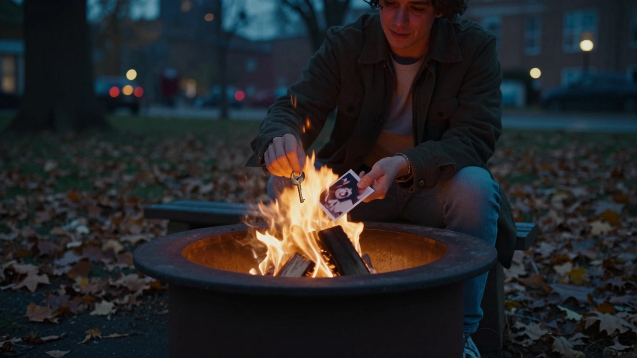 Someone placing a key and photo into a small fire pit at twilight.