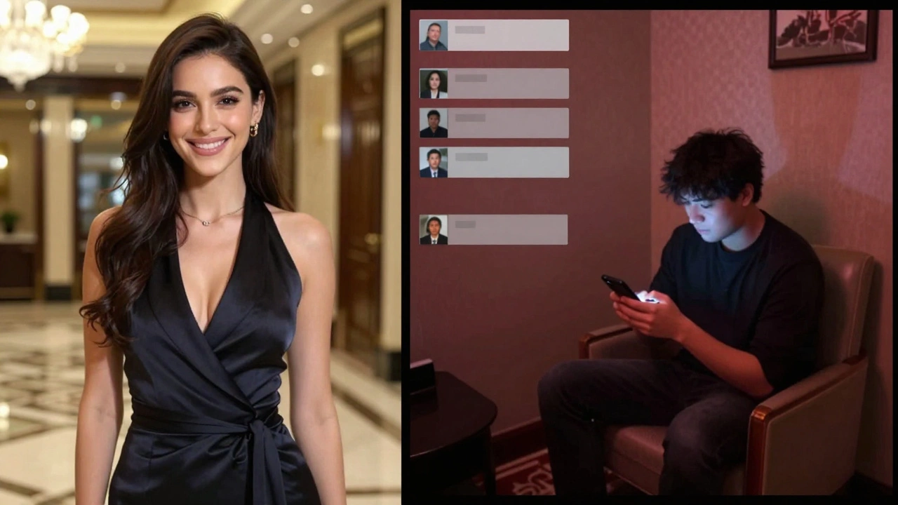 Split-screen image showing a glossy escort photo dissolving into raw surveillance footage of a solitary person.