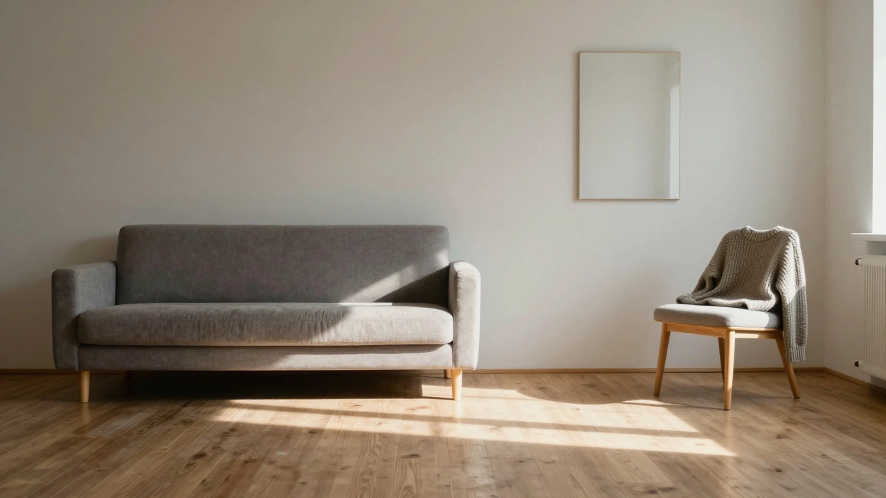 Sunlight streaming through an empty apartment where a couch once was.